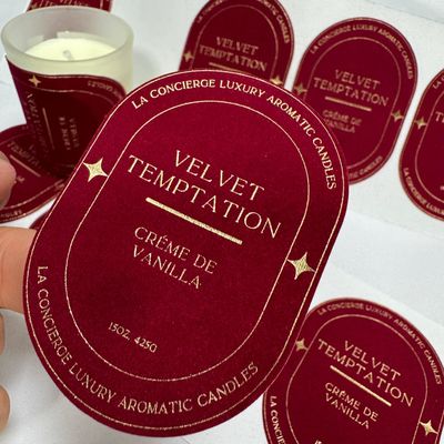 Οικολογικά φιλικό προσαρμοσμένο έντυπο με βελούδο ανάγλυφο χρυσό ετικέτα κεριού αυτοκόλλητο για βάζο κεριού